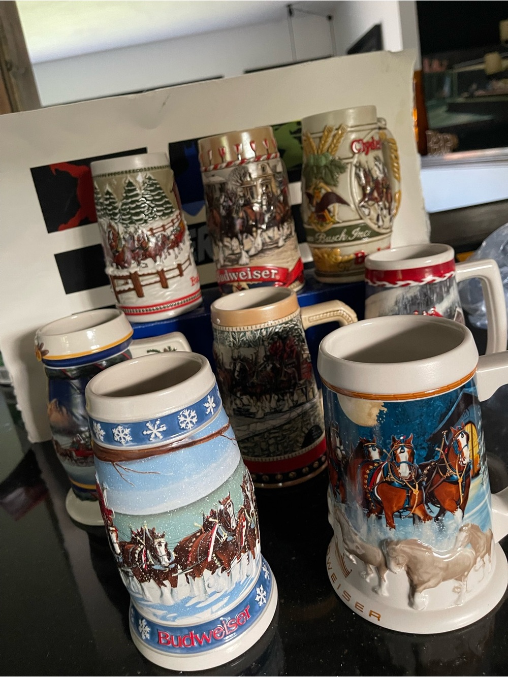 Budweiser Ceramic Beer Steins in White & Red Holiday Designs lot of 9 & bonus